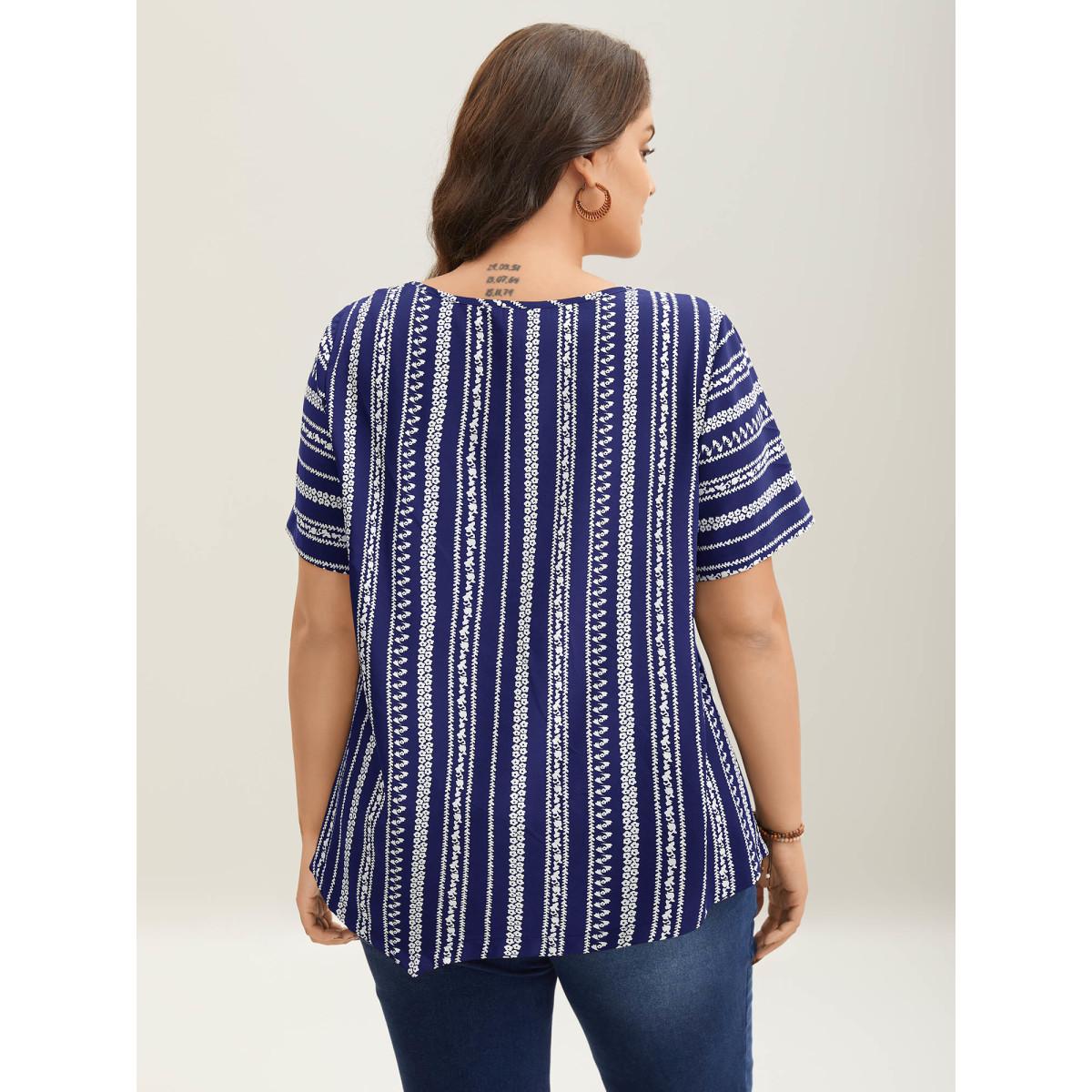 Plus Size DarkBlue Striped Overlap Print Curvy Hem Blouse Women Resort Short sleeve Round Neck Vacation Blouses BloomChic 10/M Product Image