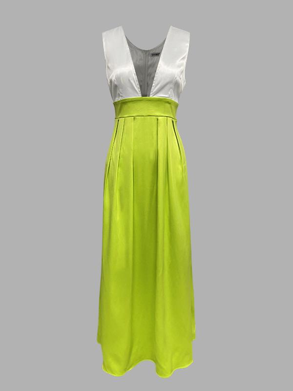 A-Line High Waisted Contrast Color Pleated Zipper Deep V-Neck Maxi Dresses Product Image