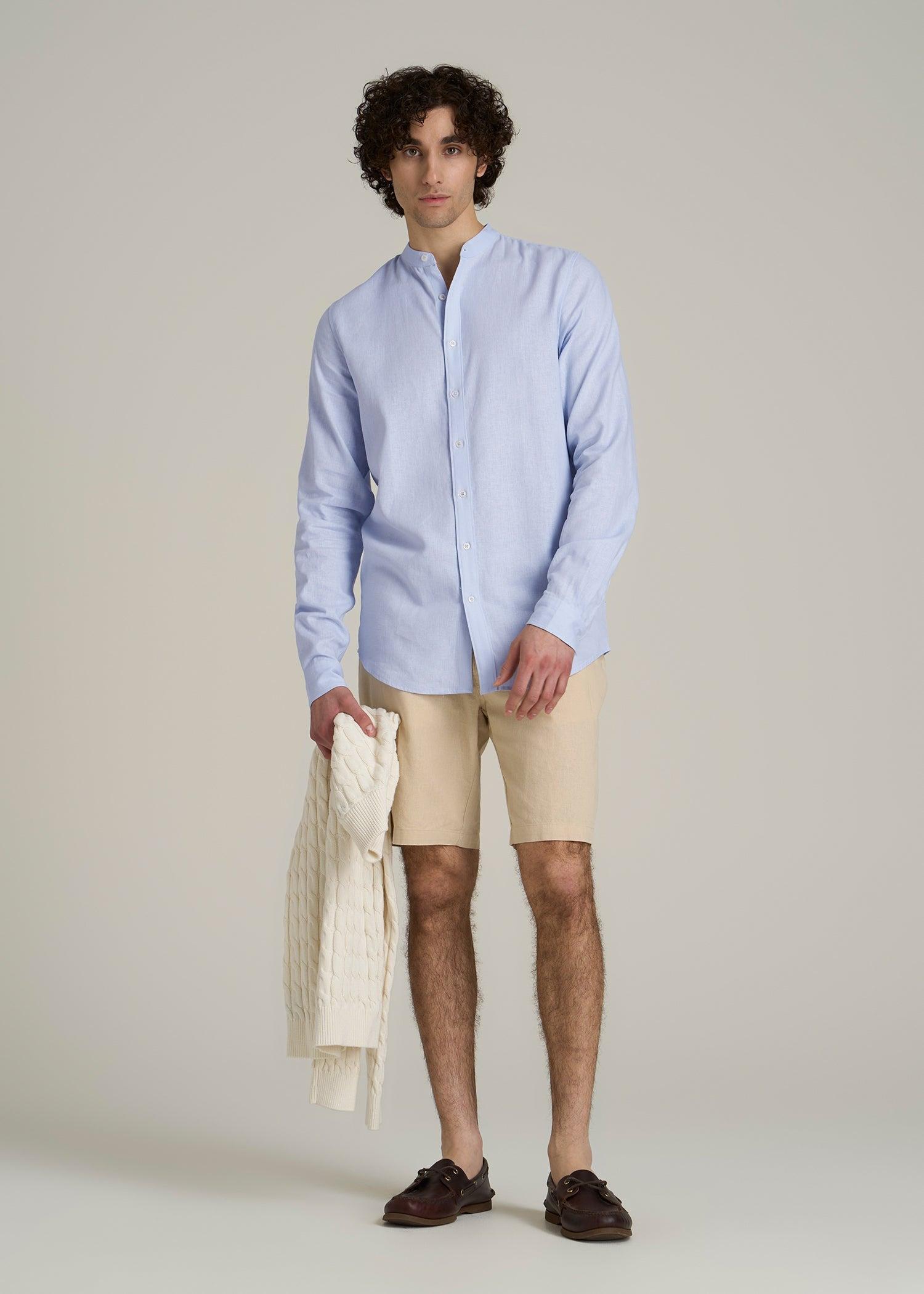 Band Collar Linen Button Shirt for Tall Men in Airy Blue Male Product Image