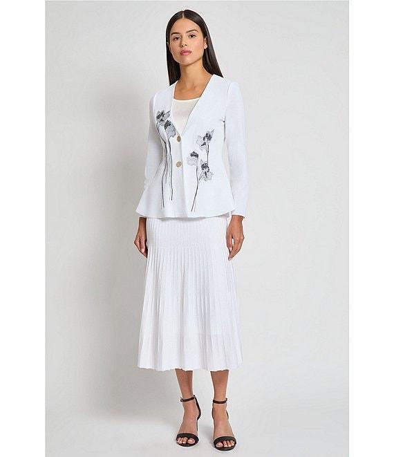 MISOOK Knit Floral Embroidery V-Neck Long Sleeve Peplum Jacket Product Image