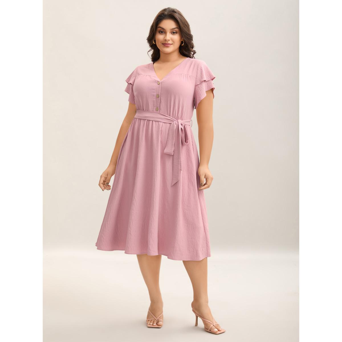 Plus Size Layered Ruffled Sleeve Fake Placket Midi Dress Blush Women V-neck Cap Sleeve Curvy BloomChic 12/L Product Image