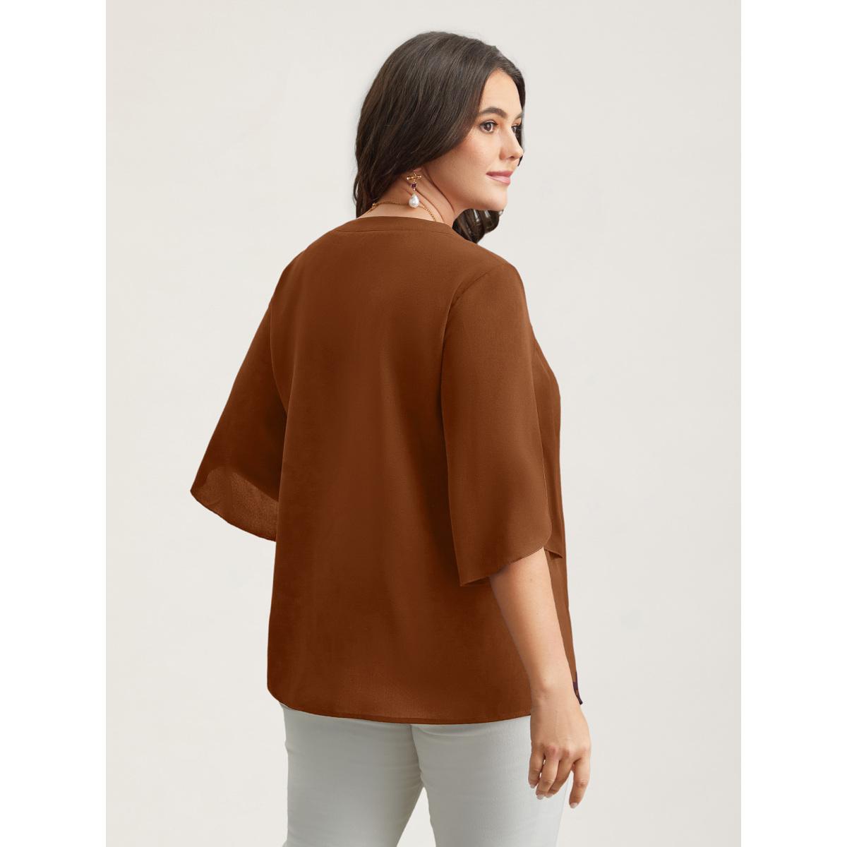 Plus Size Browncoffeecolor Petal Sleeve Toothpick Pleats Shirt Women Office Elbow-length sleeve Notched collar Office Blouses BloomChic 12/L Product Image