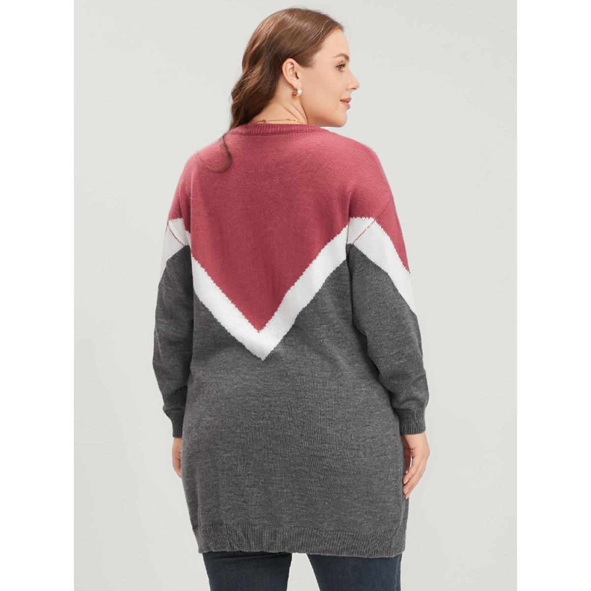 Plus Size Colorblock Contrast Pointelle Knit Round Neck Mid Long Knit Top Burgundy Women Casual Loose Long Sleeve Round Neck Everyday Pullovers BloomChic 26/4X Product Image