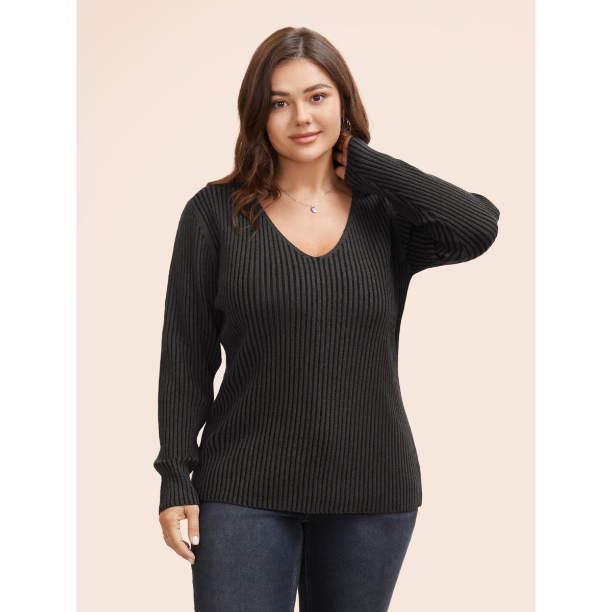 Plus Size Essentials Texture V Neck Pullover DimGray Women Leisure Skinny Long Sleeve V-neck Casual Pullovers BloomChic 22-24/3X Product Image
