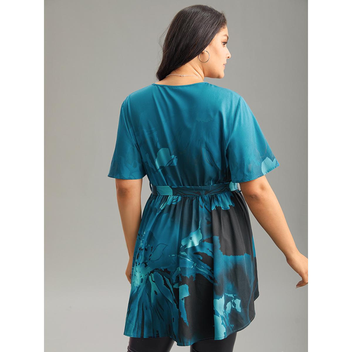 Plus Size Aegean Boho Print Wrap Ruffle Sleeve Blouse Women Elegant Short sleeve V-neck Dailywear Blouses BloomChic 12/L Product Image