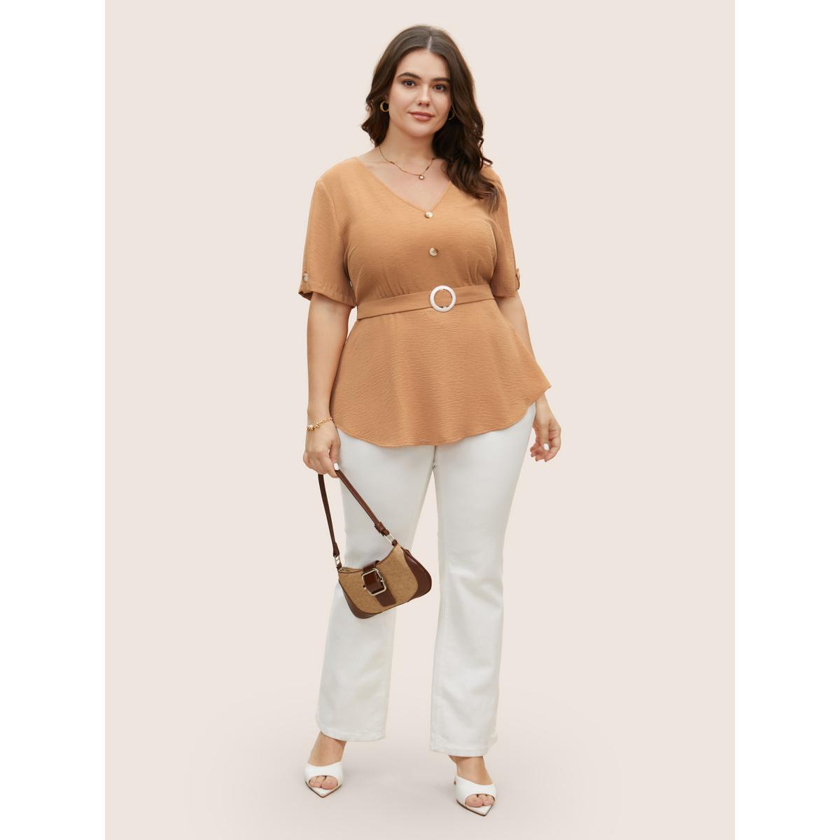 Plus Size LightBrown V Neck Buckle Detail Tab Sleeve Blouse Women Work From Home Short sleeve V-neck Work Blouses BloomChic 10/M Product Image