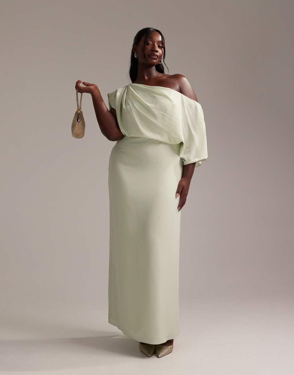 ASOS DESIGN Curve Bridesmaids crepe one shoulder draped maxi dress in light green Product Image