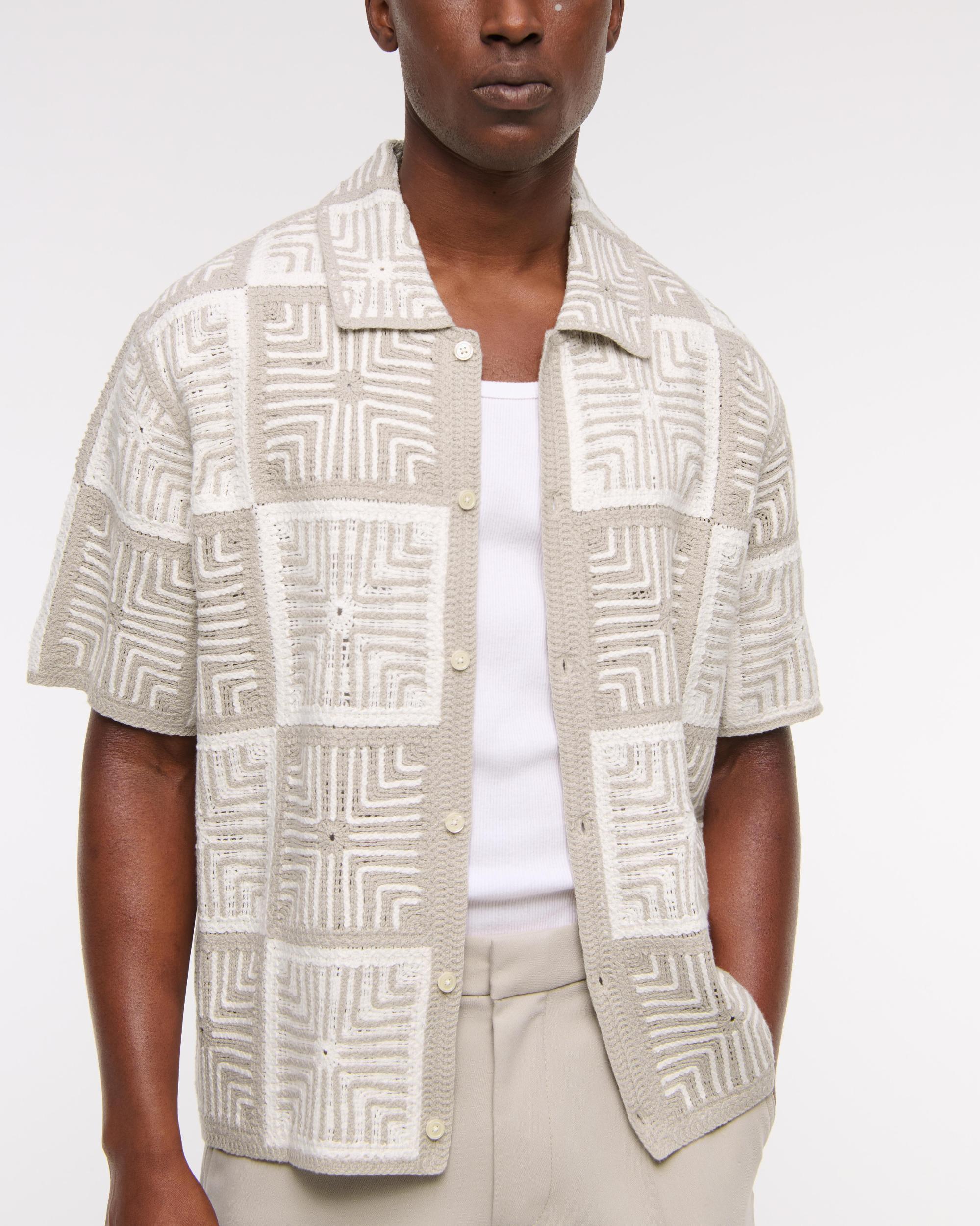 Crochet-Style Border Stripe Button-Through Sweater Polo Product Image