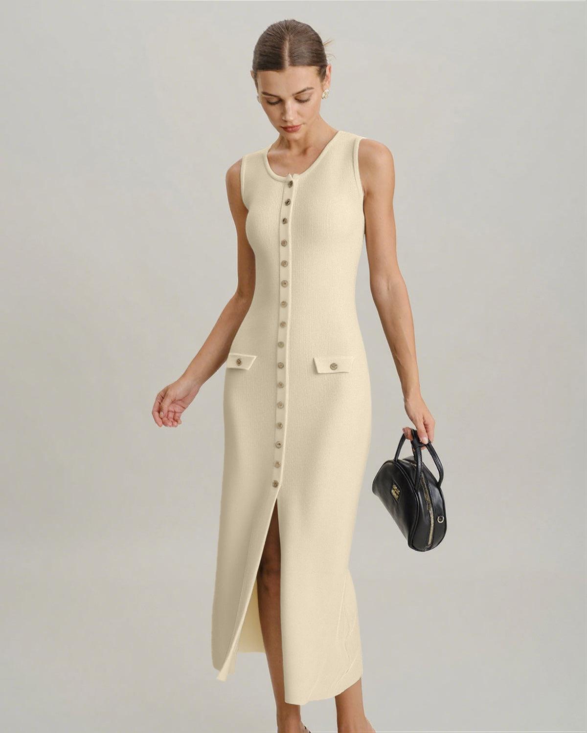 Beige Sleeveless Button Sweater Dress Product Image