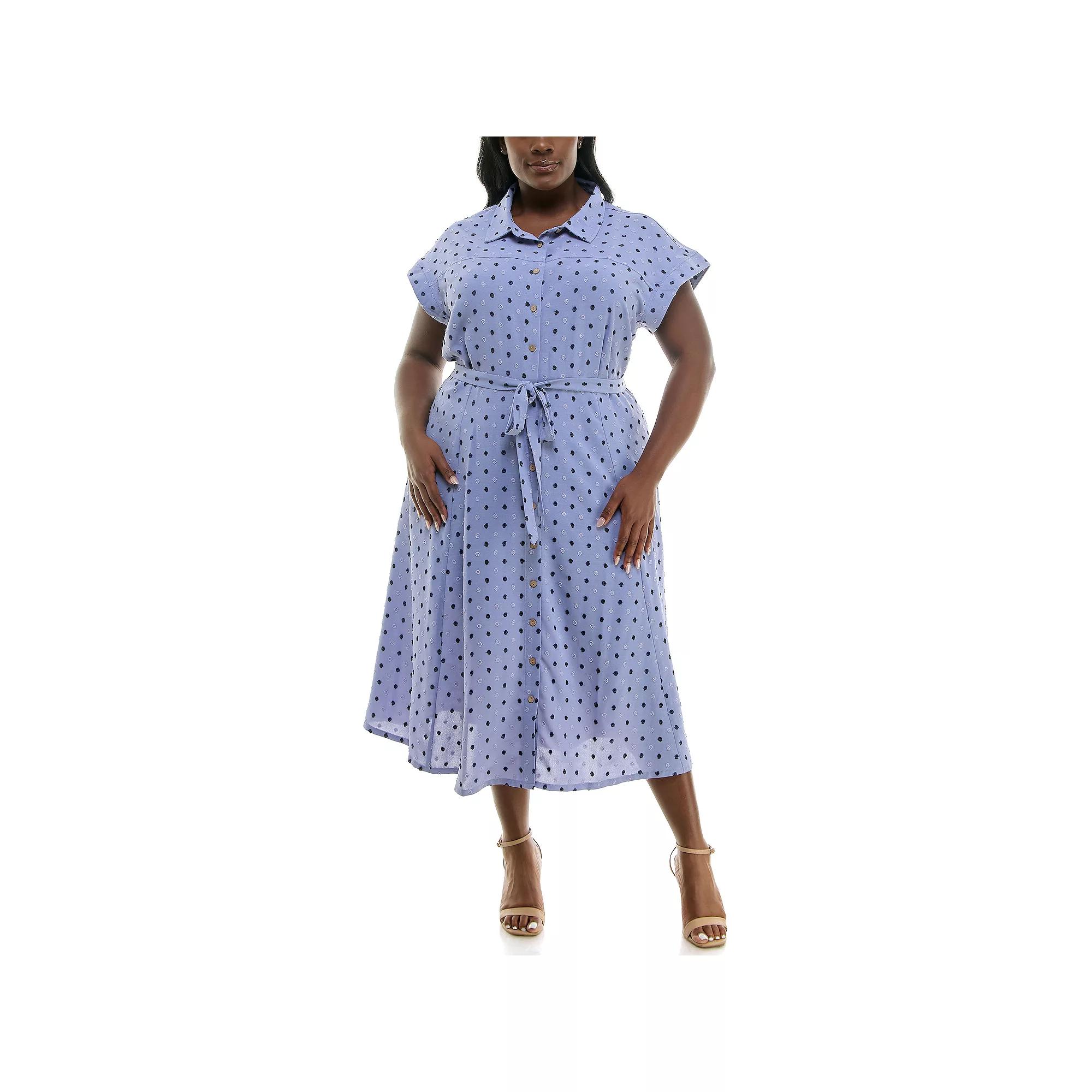 Plus Size Nina Leonard Swiss Dot Print Collared Short Sleeve Midi Shirt Dress, Women's, Size: 2XL, Soft Peri Team Product Image
