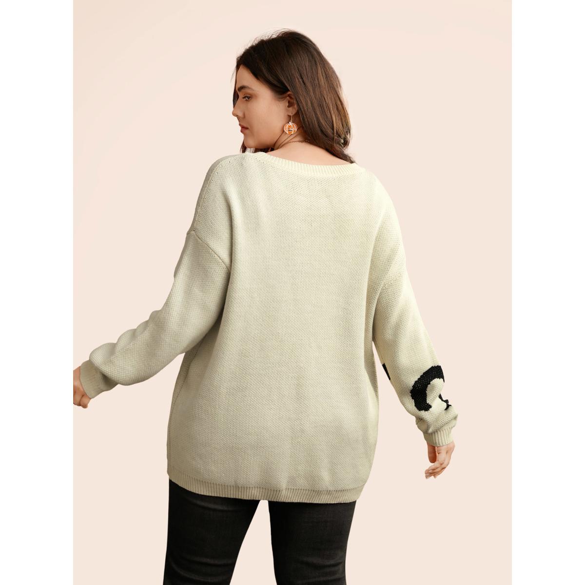 Plus Size Mystic Cat Knit Crew Neck Pullover Originalwhite Women Playful Long Sleeve Round Neck Casual Pullovers BloomChic 12/L Product Image
