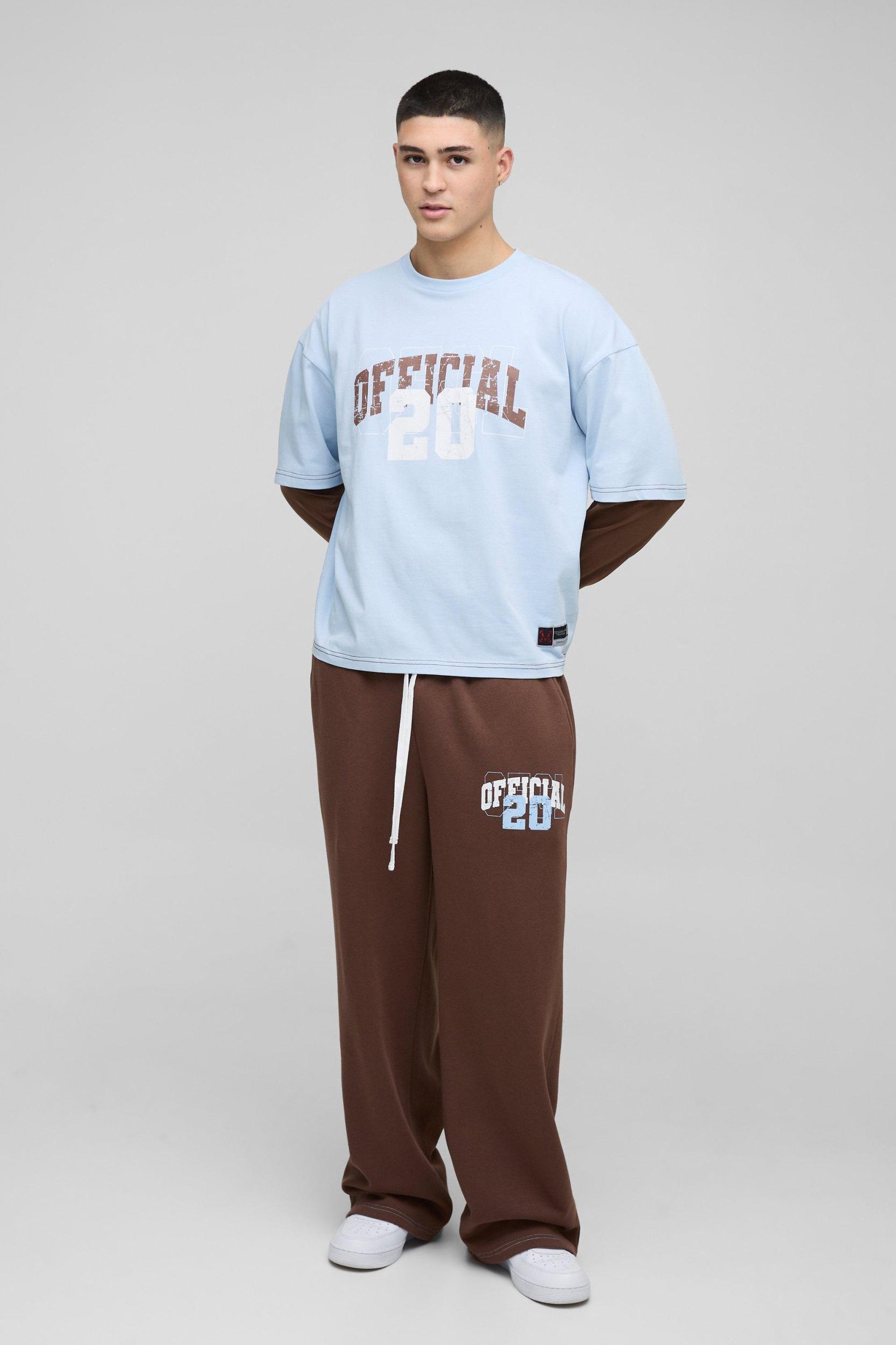 Oversized Boxy Faux Layer Varsity Print T-Shirt Wide Leg Sweatpants Set | boohooMAN USA Product Image