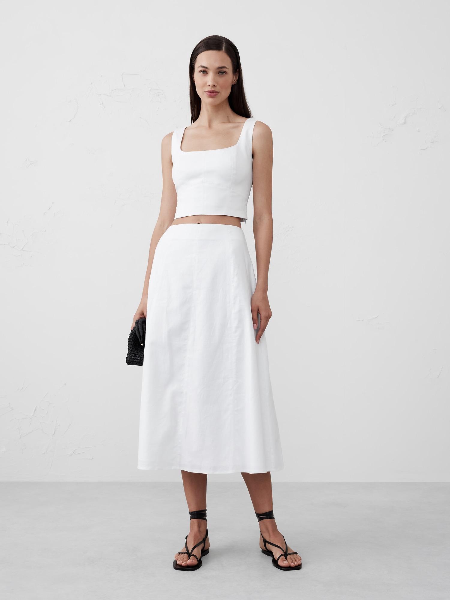 Linen-Blend Seamed Midi Skirt Product Image