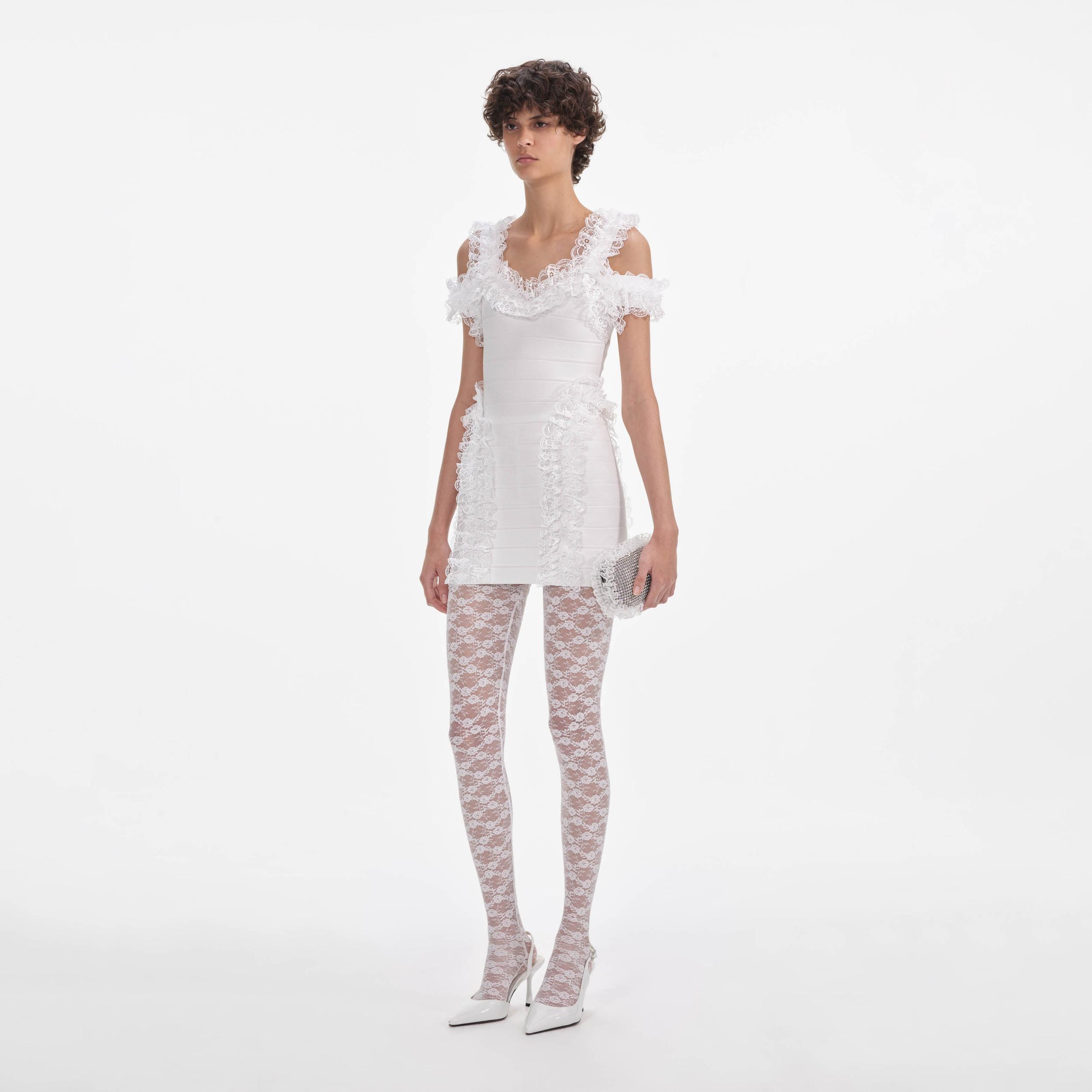 White Knit Ruffle Mini Dress Product Image