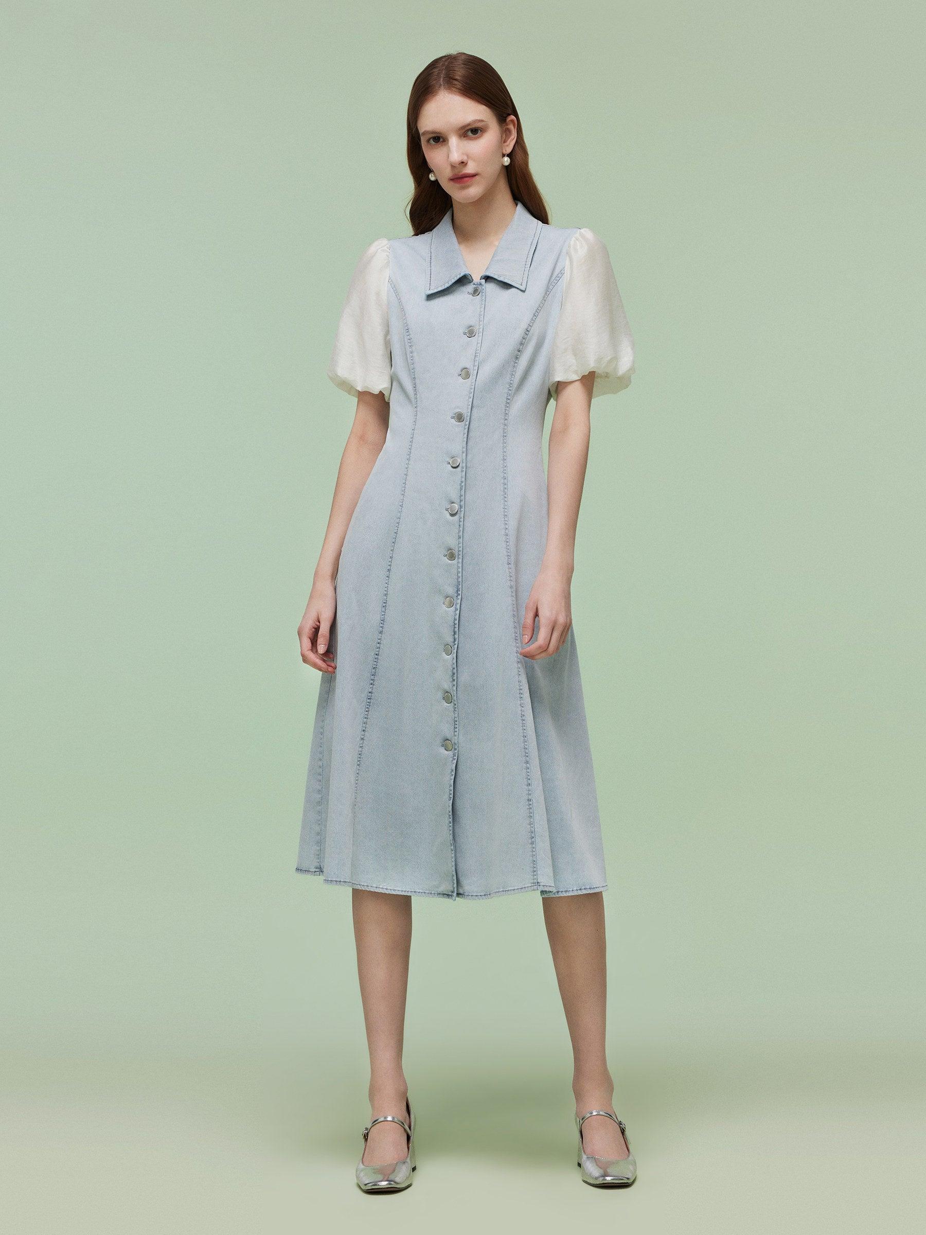 Denim Patchwork Women Puff-sleeved Midi Dress Product Image