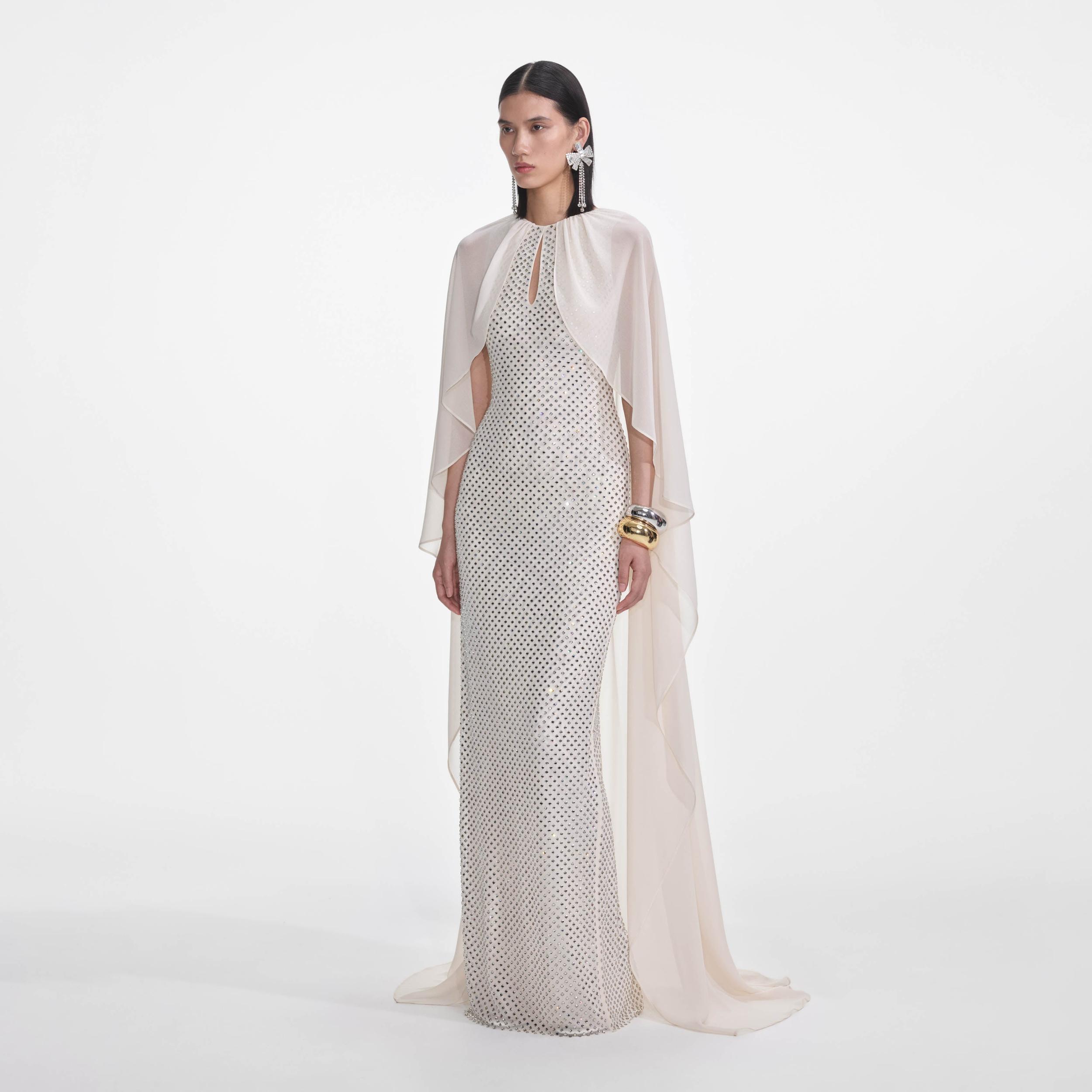 Cream Rhinestone Cape Maxi Dress Product Image