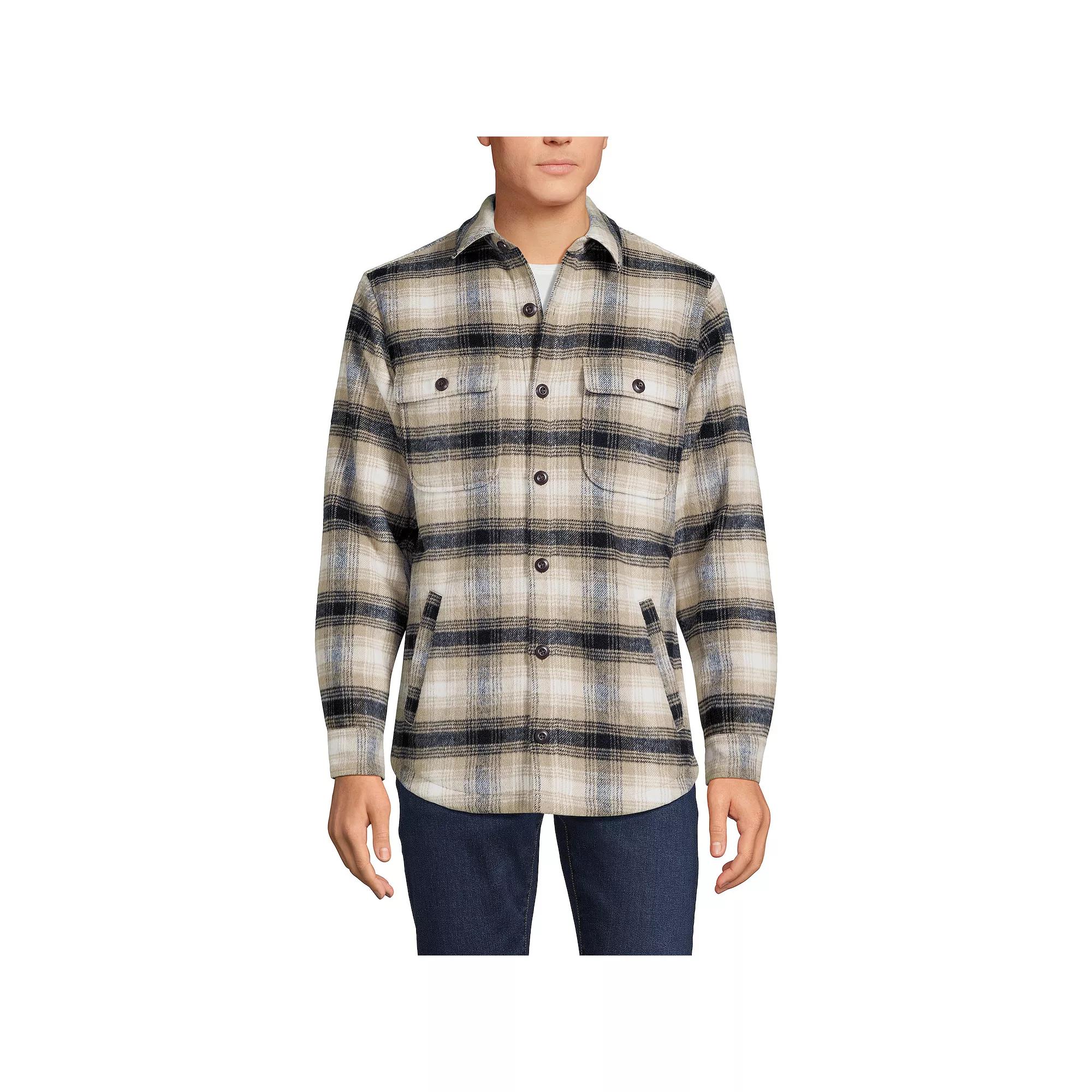 Men's Lands' End Brushed Plaid Shirt Jacket, Size: Large, Black Khaki Plaid Product Image