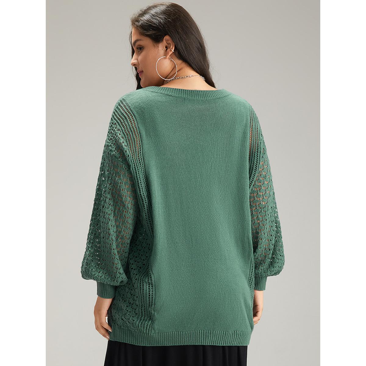 Plus Size Solid Hollow Out Button Through Cardigan Emerald Women Casual Loose Long Sleeve Dailywear Cardigans BloomChic 10/M Product Image