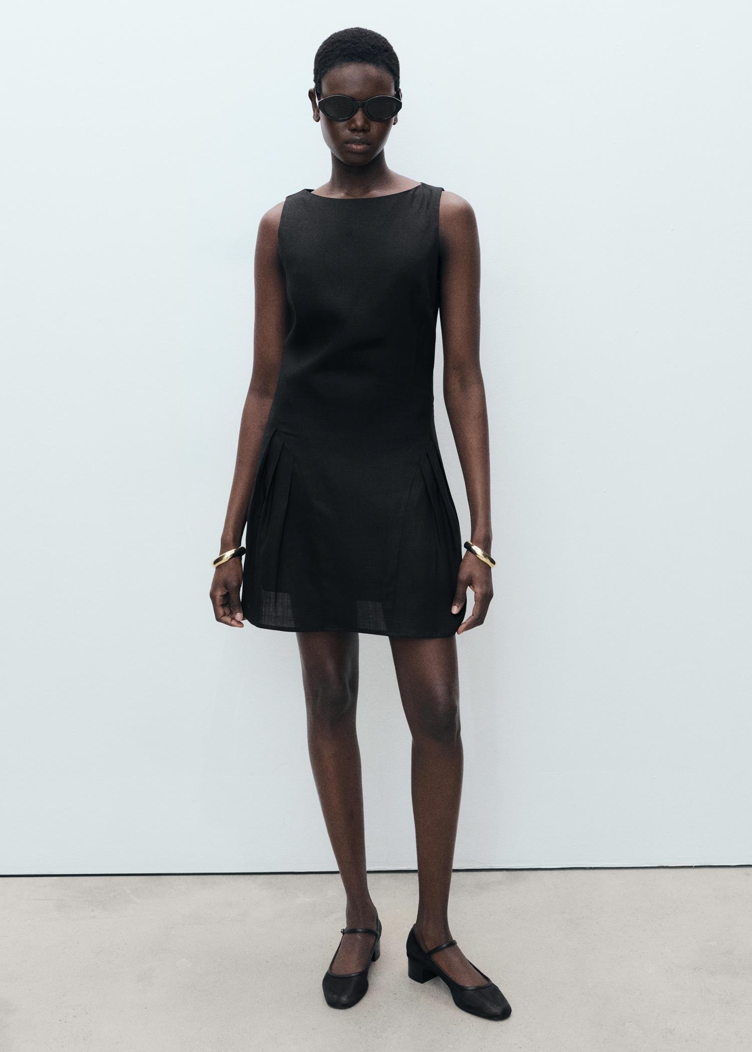 Short pleated linen-blend dress - Women | MANGO USA Product Image