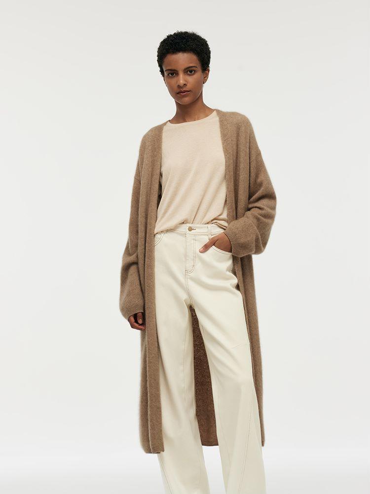 Light Camel Brushed Cashmere Long Women Cardigan Product Image