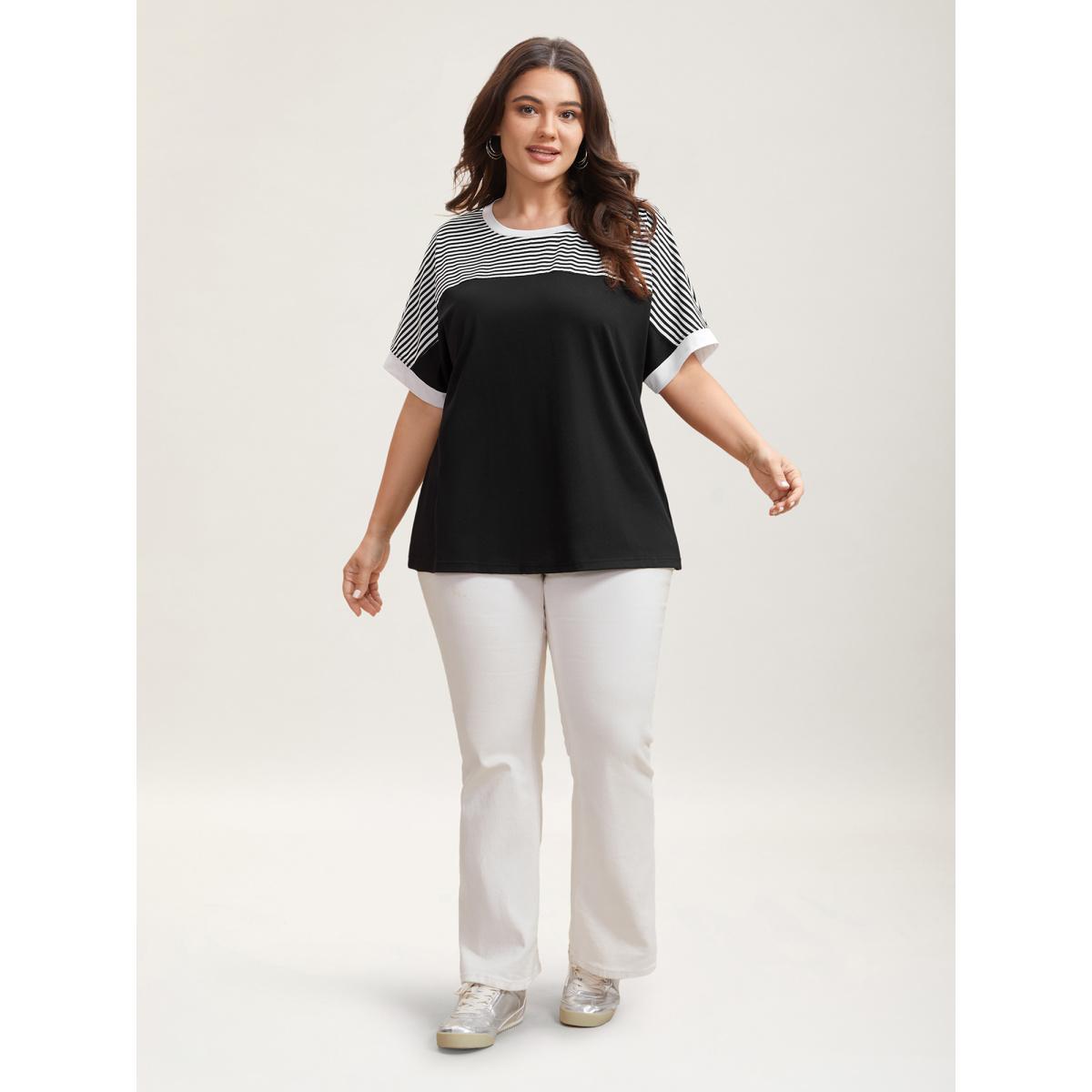 Plus Size Solid and Striped Contrast Hem T-Shirt Black Women Leisure Contrast Round Neck Casual T-shirts BloomChic 30/6X Product Image