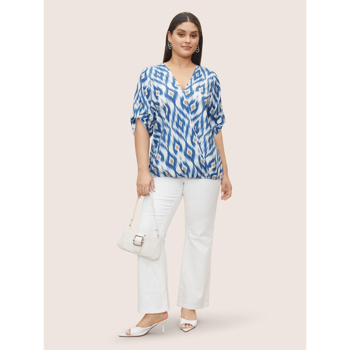 Plus Size Stone Geometric Surplice Neck Tab Sleeve Blouse Women Resort Elbow-length sleeve Overlap Collar Vacation Blouses BloomChic 22-24/3X Product Image