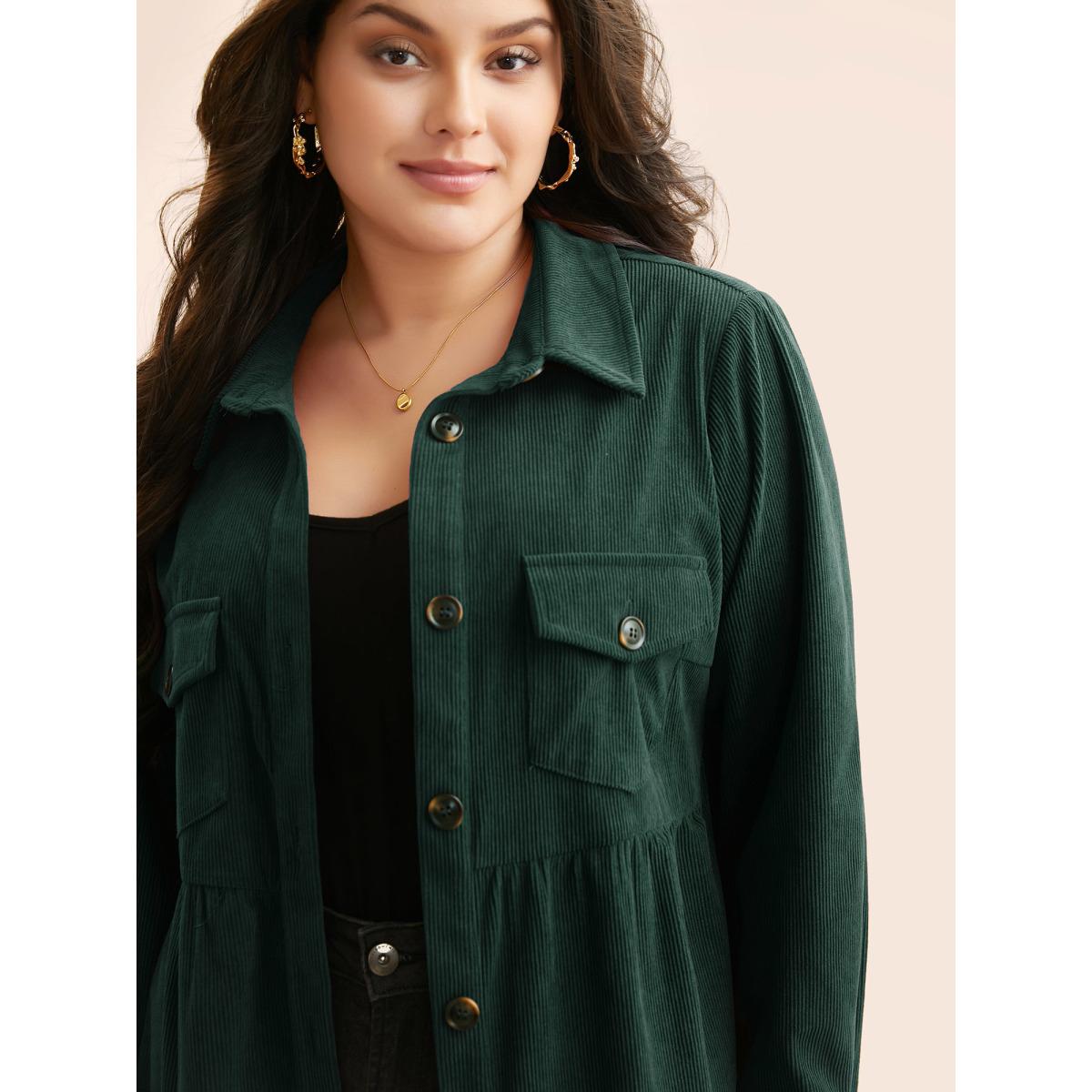 Plus Size Corduroy Collared Flap Detail Jacket Women DarkGreen Gathered Elegant Jackets BloomChic 14-16/1X Product Image