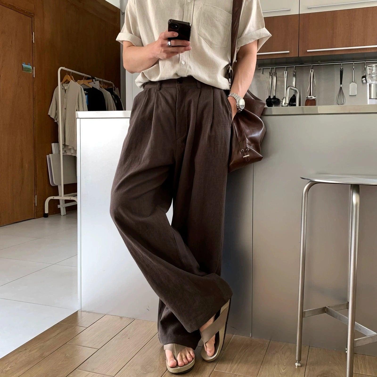 RT No. 18308 LINEN FOLDED PLEATED STRAIGHT PANTS Product Image