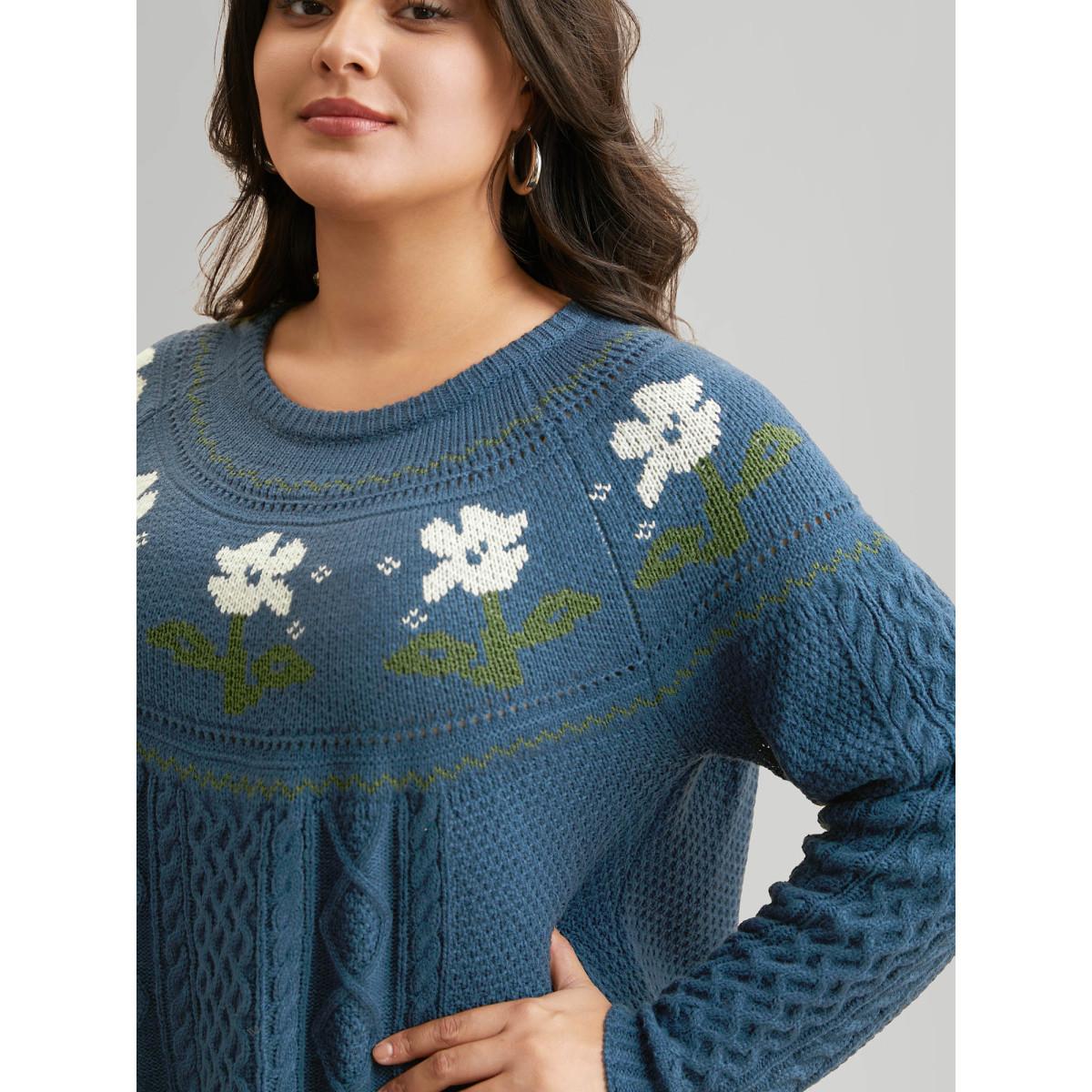 Plus Size Floral Jacquard Raglan Sleeve Pullover Cerulean Women Leisure Long Sleeve Round Neck Casual Pullovers BloomChic 26/4X Product Image