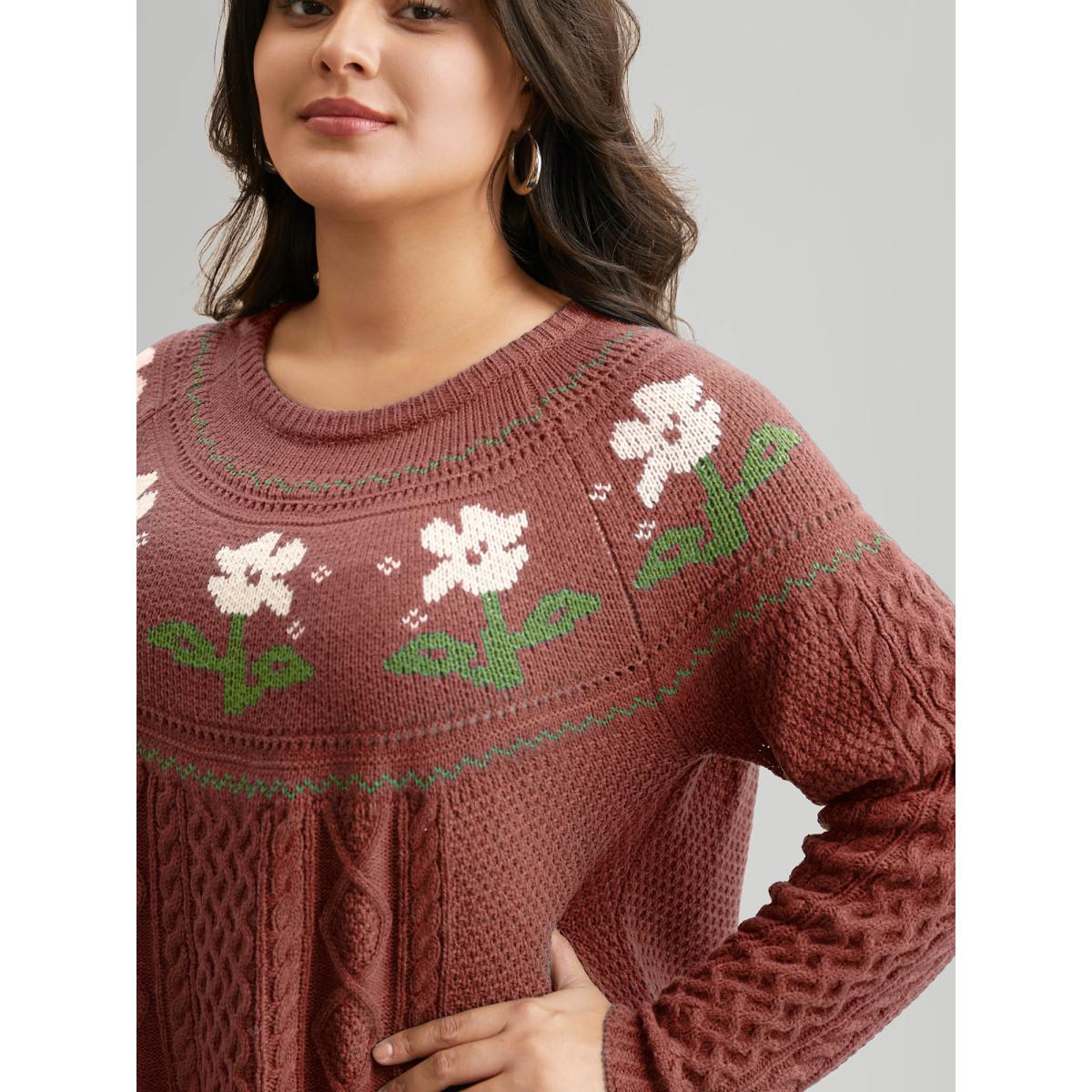 Plus Size Floral Jacquard Raglan Sleeve Pullover Russet Women Leisure Long Sleeve Round Neck Casual Pullovers BloomChic 12/L Product Image