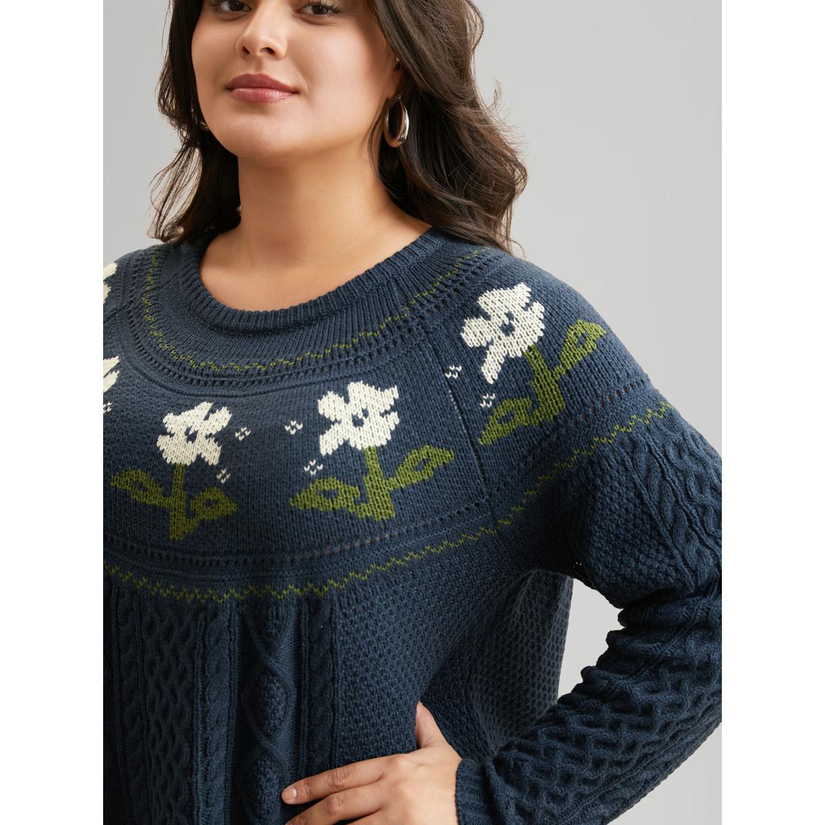 Plus Size Floral Jacquard Raglan Sleeve Pullover Indigo Women Leisure Long Sleeve Round Neck Casual Pullovers BloomChic 28/5X Product Image