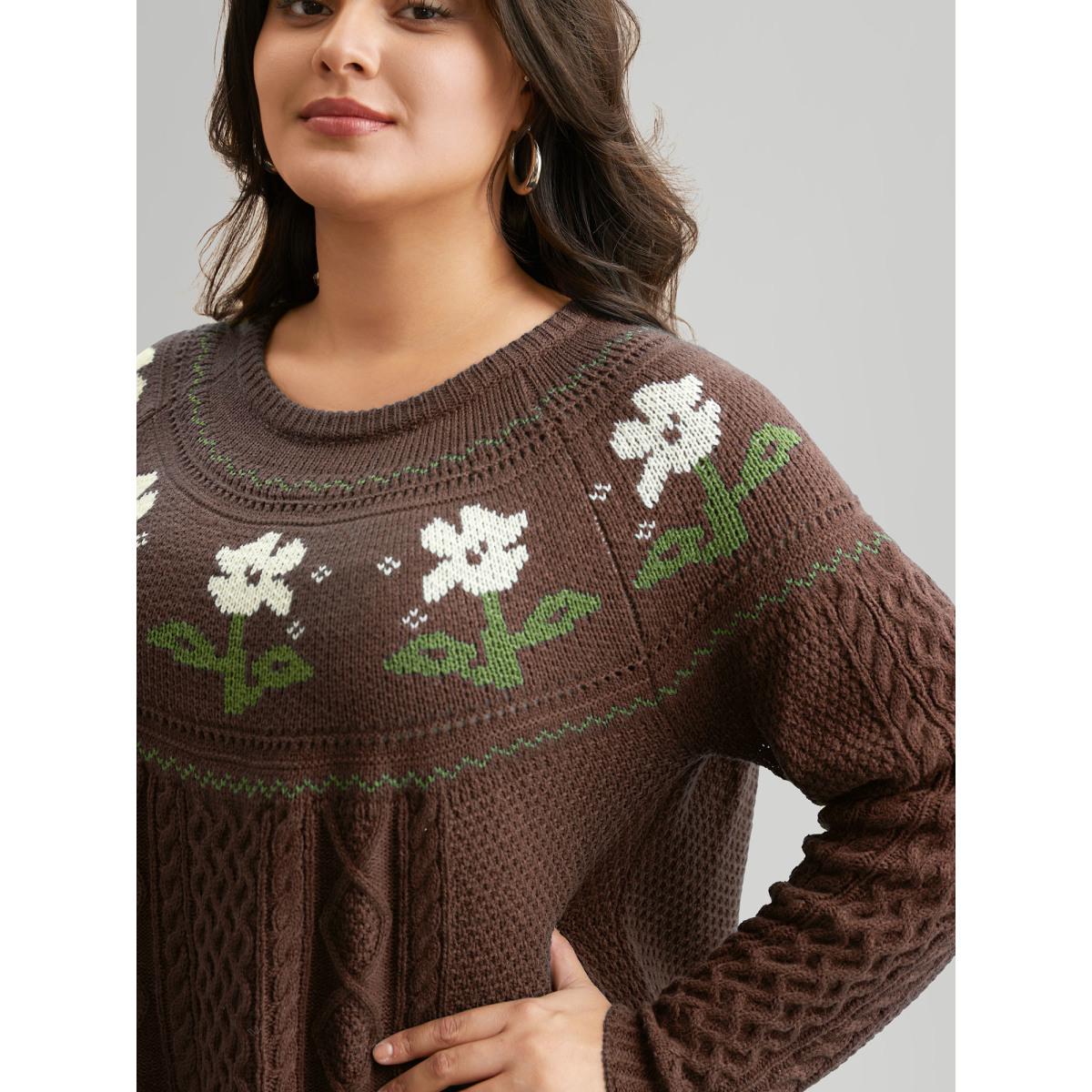 Plus Size Floral Jacquard Raglan Sleeve Pullover DarkGreen Women Casual Long Sleeve Round Neck Everyday Pullovers BloomChic 22-24/3X Product Image