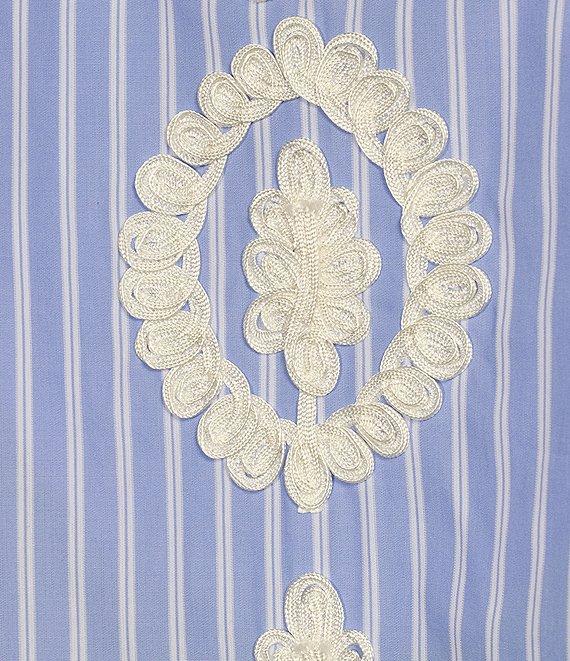 Calessa Plus Size Embroidered Patchwork Pinstripe Split V-Neck 3/4 Sleeve Tunic Product Image