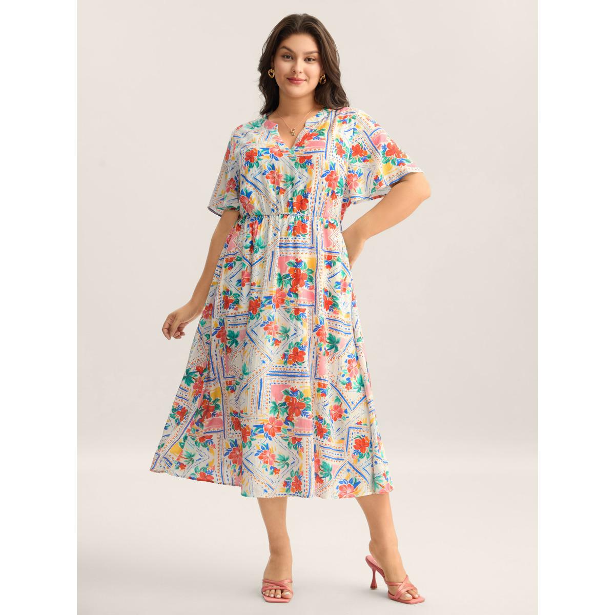 Plus Size Floral Collage Print Pockets Midi Dress Multicolor Women Notched collar Short sleeve Curvy BloomChic 18-20/2X Product Image