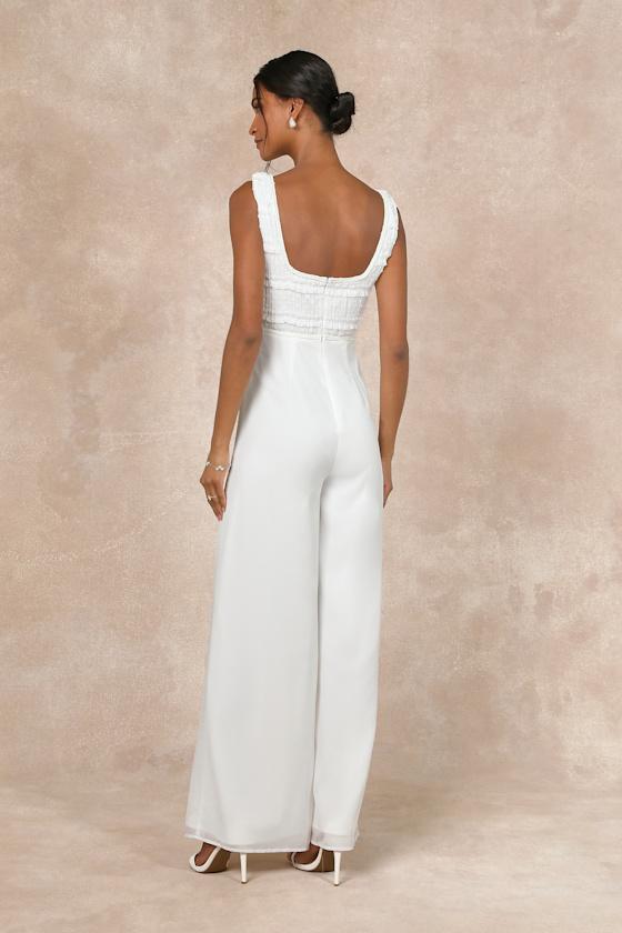 Majorly Iconic White Swiss Dot Ruffled Lace-Up Jumpsuit Product Image
