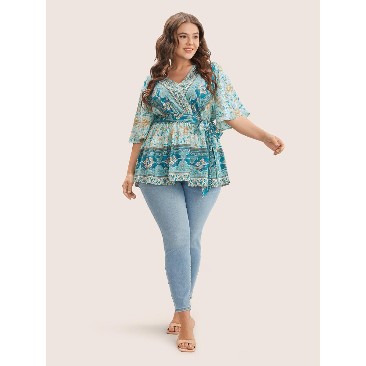 Plus Size Turquoise Floral Print Ruffles Belted Blouse Women Boho Half Sleeve V-neck Vacation Blouses BloomChic 10/M Product Image