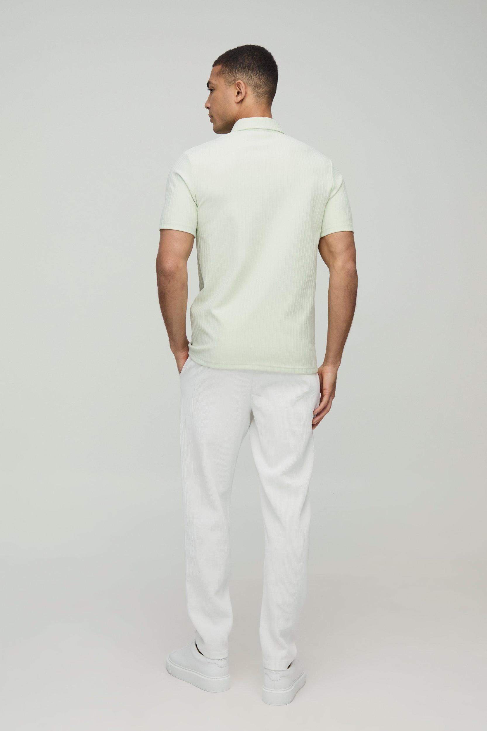 Slim Fit Zip Collar Textured Stripe Short Sleeve Polo | boohooMAN USA Product Image