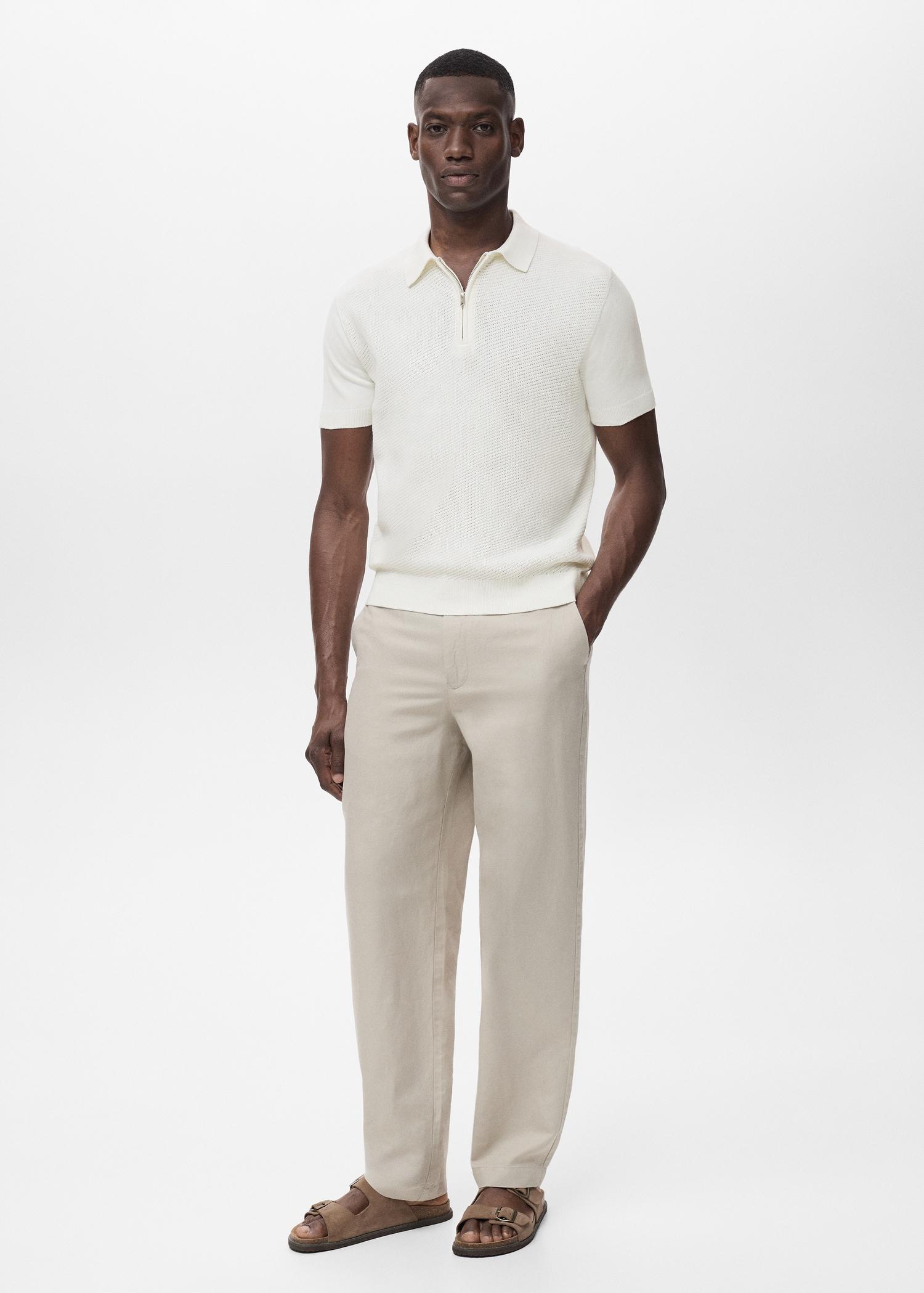 Openwork knitted polo shirt with zipper - Men | MANGO USA Product Image