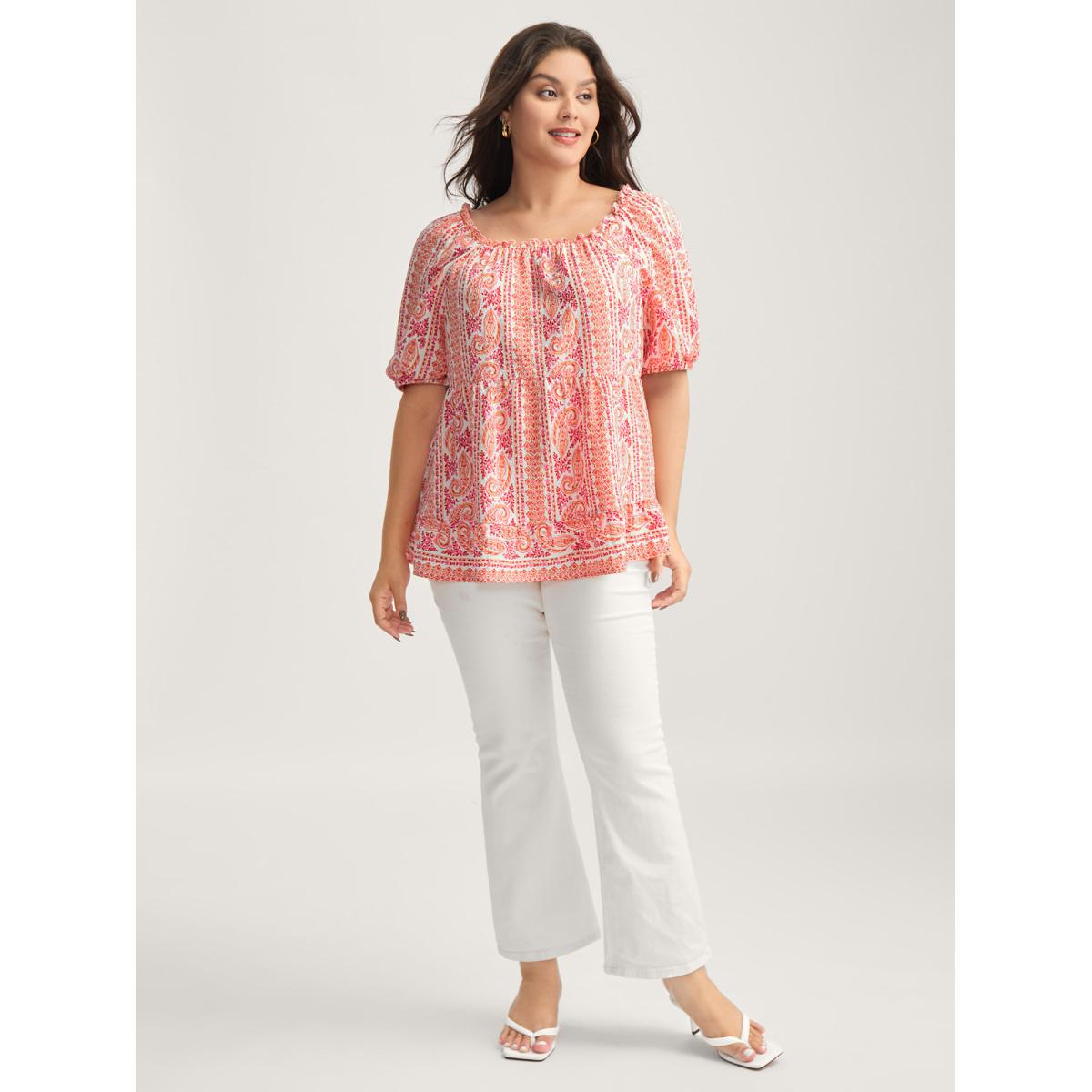 Plus Size WhiteSmoke Stripe Paisley Print Ruffled Neck Blouse Women Short sleeve Square Neck Elegant Blouses BloomChic 10/M Product Image