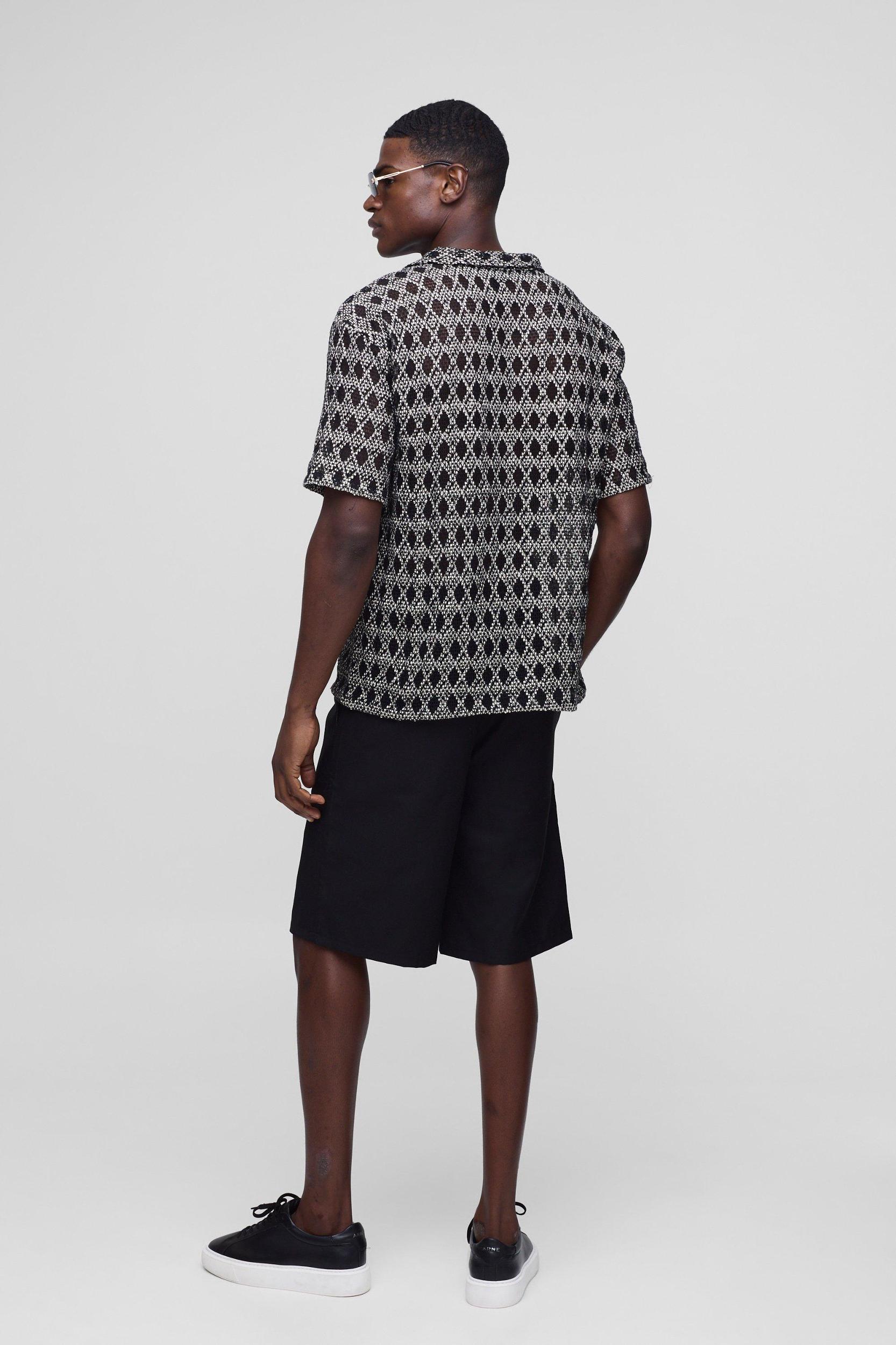 Oversized Overhead V-Neck Crochet Shirt | boohooMAN USA Product Image