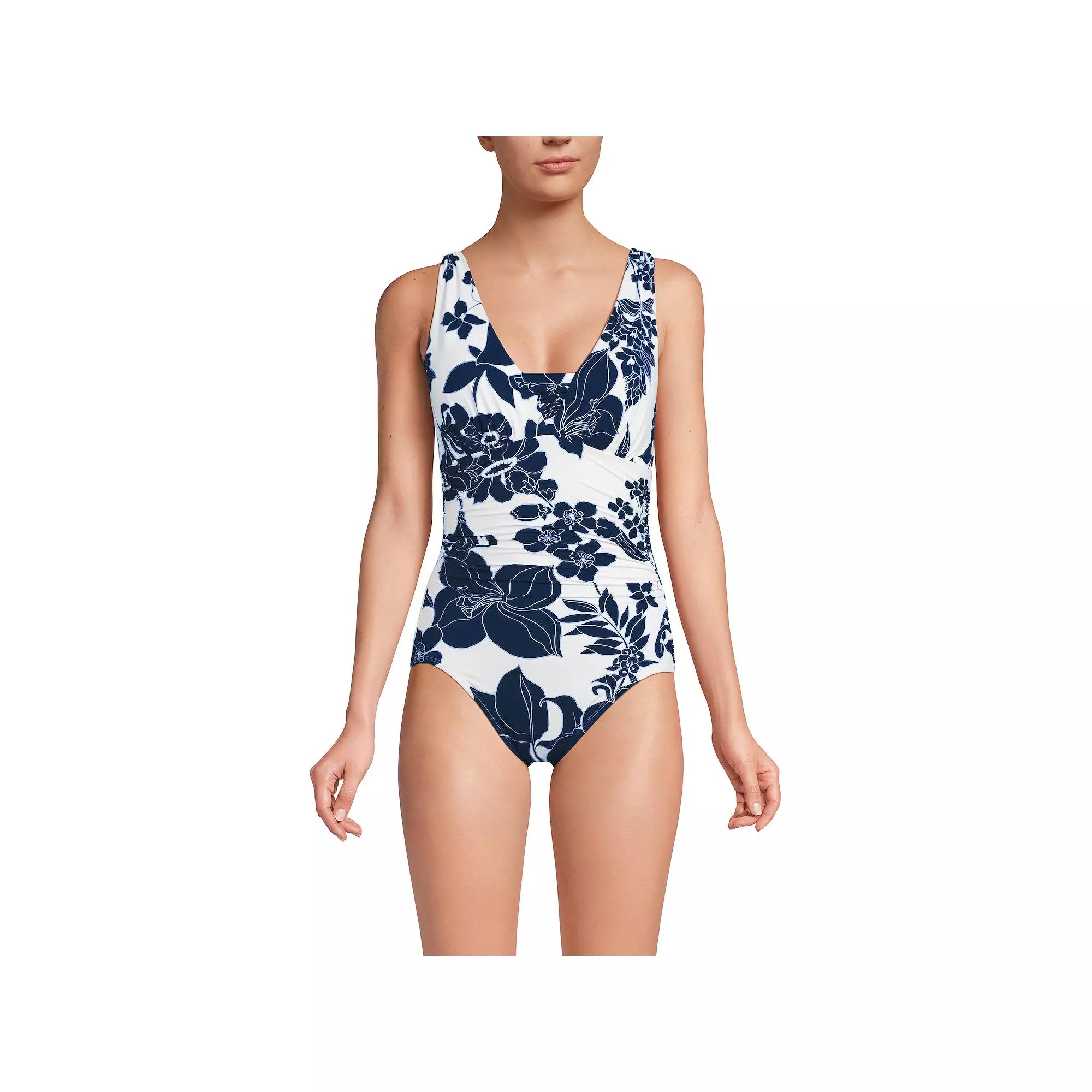 Women's Lands' End Grecian Slendersuit Tummy Control One-Piece Swimsuit, Size: 18, White Navy Lilies Product Image