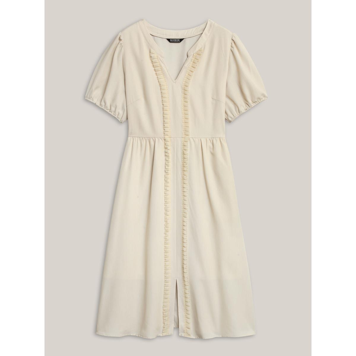 Plus Size Lace Trim Solid Pockets Midi Dress Beige Women Flat collar Short sleeve Curvy BloomChic 14-16/1X Product Image