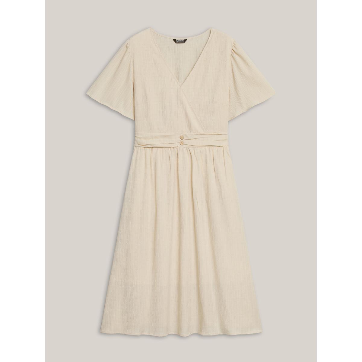 Plus Size Pleated Waist Textured Shirred Midi Dress Apricot Women At the Office Texture Overlap Collar Short sleeve Curvy BloomChic 22-24/3X Product Image