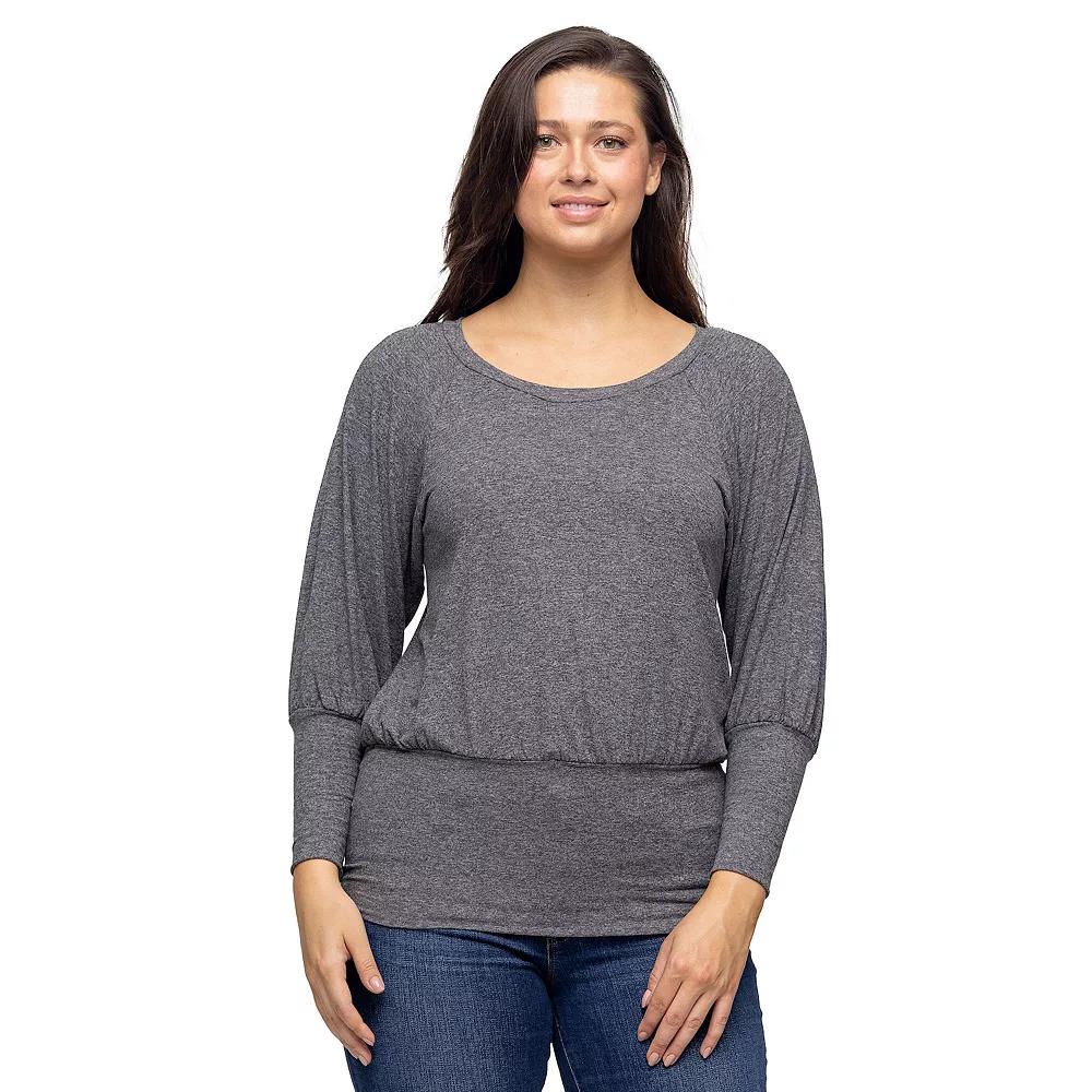 Women's 24Seven Comfort Apparel Round Neck Long Blouson Sleeve Banded Bottom Top,  Product Image