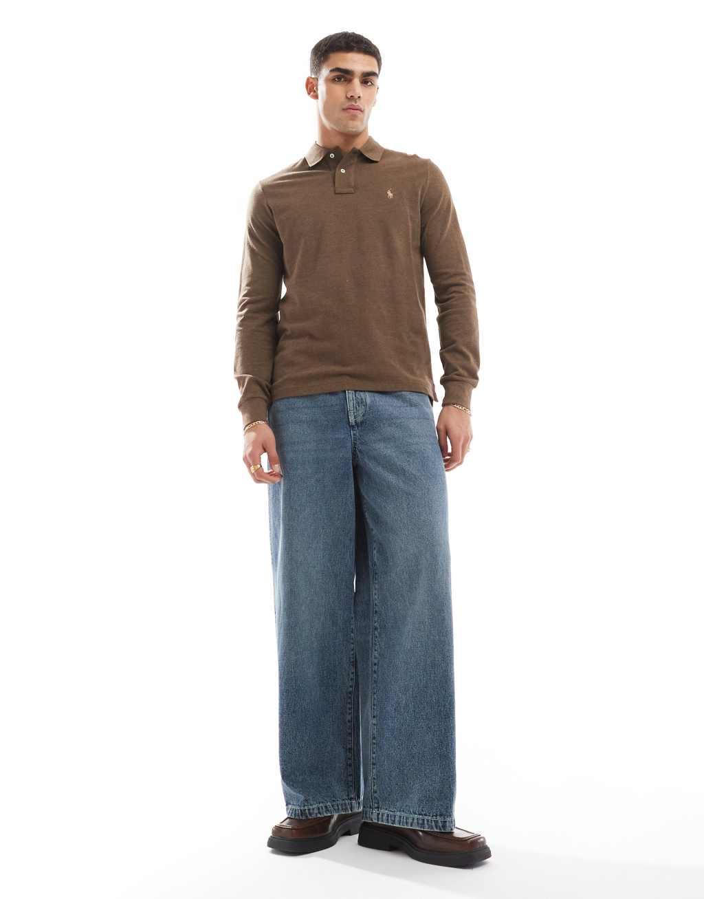 Polo Ralph Lauren icon logo long sleeve pique polo in brown heather Product Image