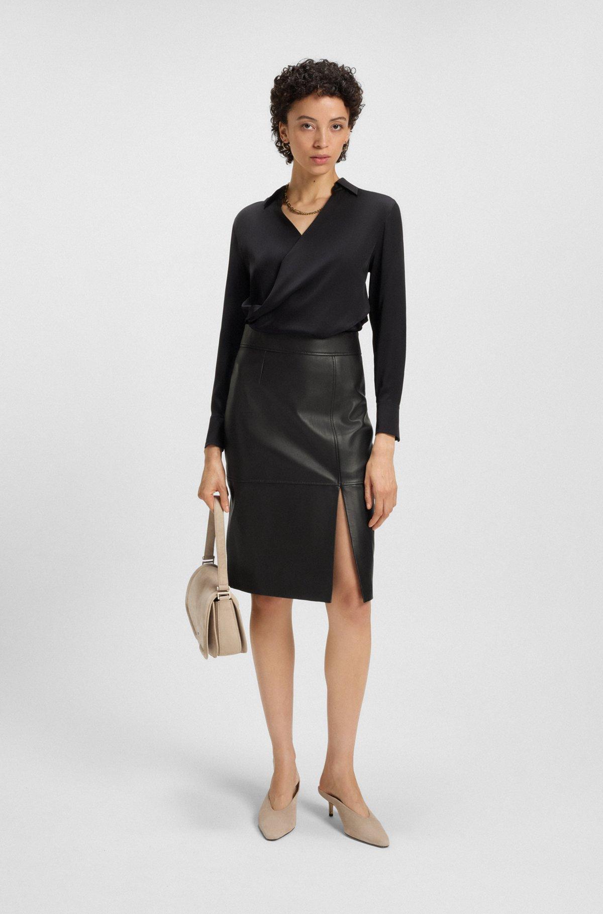 BOSS - Slim-fit pencil skirt in grained leather - Black Product Image