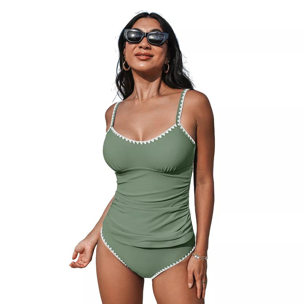 Women's Cupshe 2-pc. Scoop Neck Shell Stitch Ruched Tankini Swim Top & Swim Bottoms Set,  Product Image
