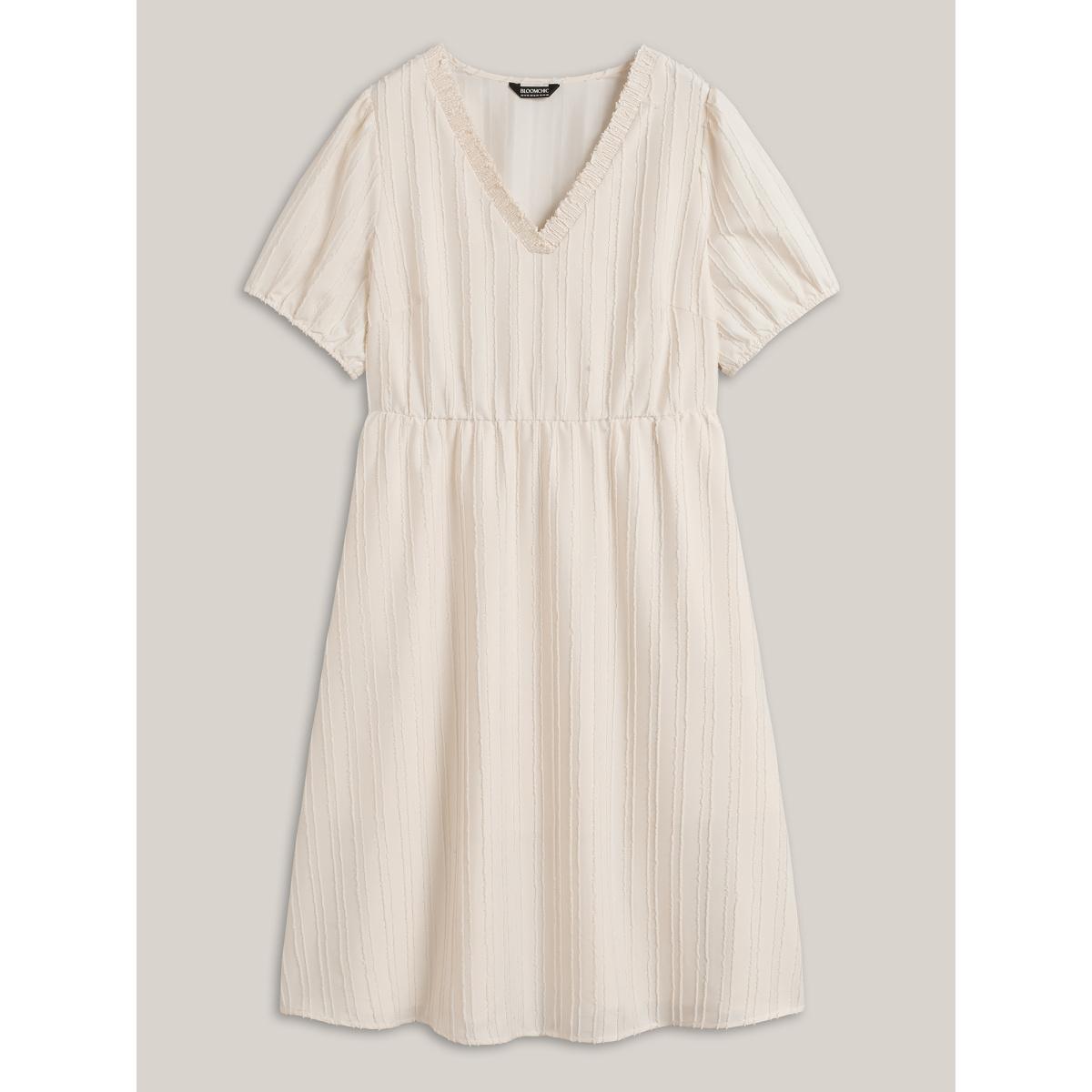 Plus Size Textured V-Neck Pockets Solid Midi Dress Ivory Women V-neck Short sleeve Curvy BloomChic 22-24/3X Product Image