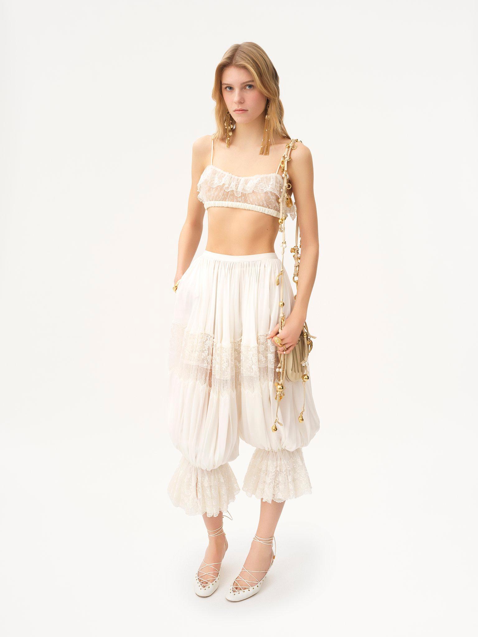 Fluid cropped pants in silk charmeuse & lace Product Image