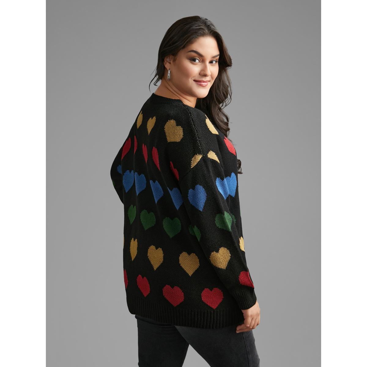 Plus Size Colored Heart Drop Shoulder Sleeve Pullover Black Women Casual Loose Long Sleeve Round Neck Everyday Pullovers BloomChic 26/4X Product Image